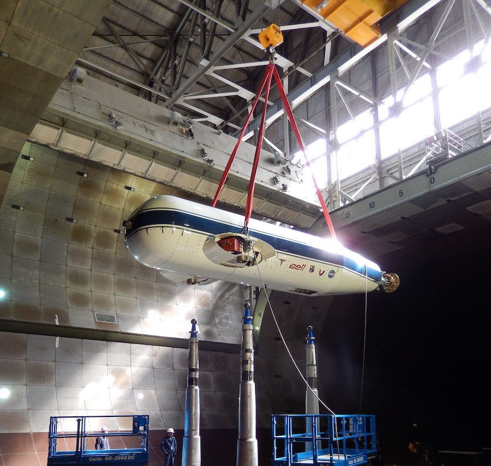 TTR installation into the wind tunnel: lowering the rig into the test section. Photo March 2017.